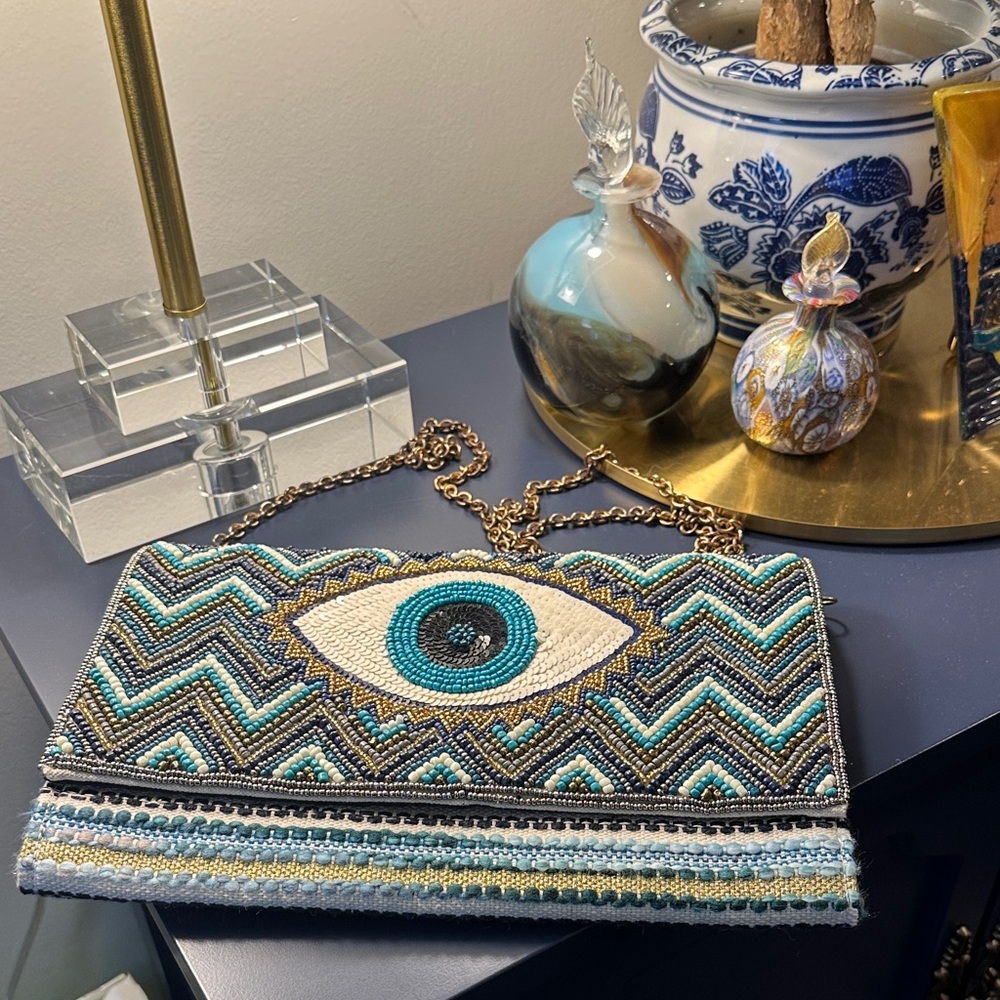 Beaded Evil Eye Pattern Clutch - Blue and Gold